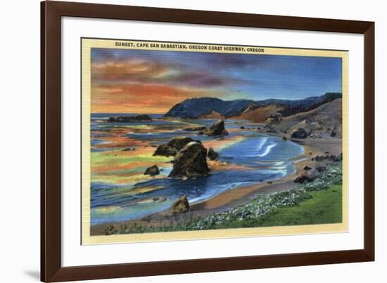 Sunset at Cape San Sabastian on Oregon Coast Highway, Oregon - Oregon Coast-Lantern Press-Framed Art Print