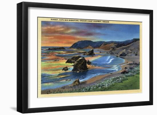 Sunset at Cape San Sabastian on Oregon Coast Highway, Oregon - Oregon Coast-Lantern Press-Framed Art Print