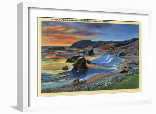 Sunset at Cape San Sabastian on Oregon Coast Highway, Oregon - Oregon Coast-Lantern Press-Framed Art Print