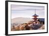 Sunset at Kiyomizu-Dera Temple and Cherry Blossom Season (Sakura) on Spring Time in Kyoto, Japan-thipjang-Framed Photographic Print