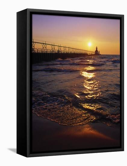 Sunset at Lighthouse, Lake MIchigan, MI-Mark Gibson-Framed Stretched Canvas