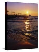 Sunset at Lighthouse, Lake MIchigan, MI-Mark Gibson-Stretched Canvas