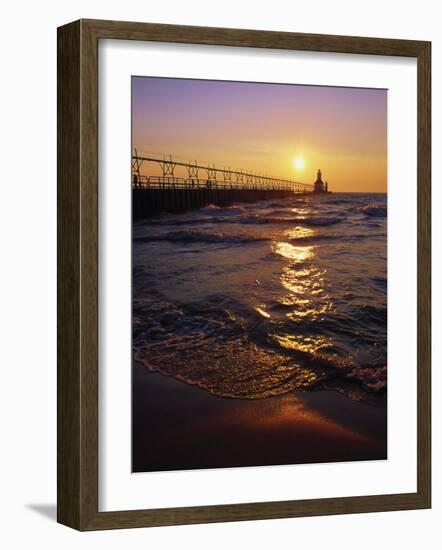 Sunset at Lighthouse, Lake MIchigan, MI-Mark Gibson-Framed Photographic Print