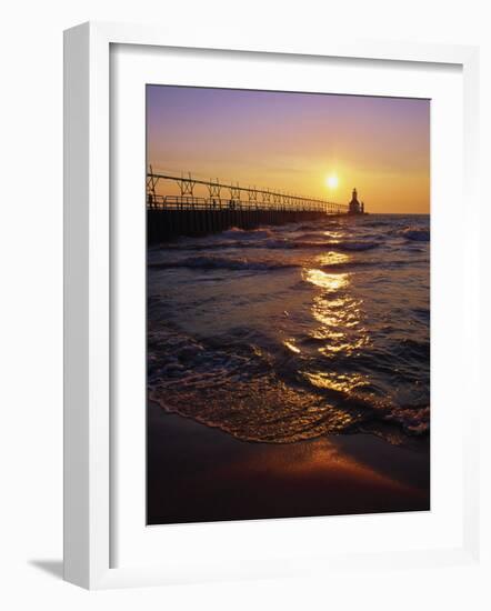 Sunset at Lighthouse, Lake MIchigan, MI-Mark Gibson-Framed Photographic Print