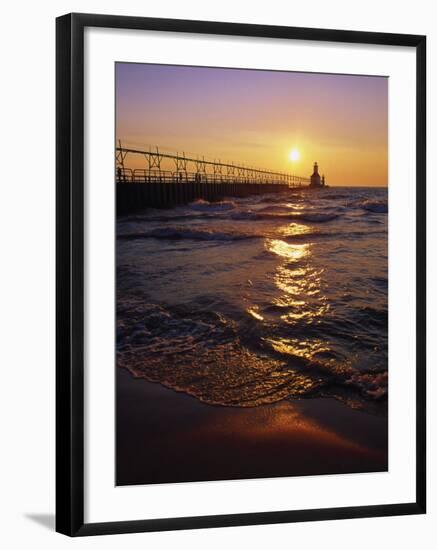 Sunset at Lighthouse, Lake MIchigan, MI-Mark Gibson-Framed Photographic Print