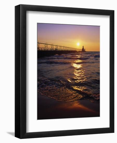 Sunset at Lighthouse, Lake MIchigan, MI-Mark Gibson-Framed Photographic Print