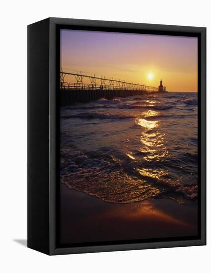 Sunset at Lighthouse, Lake MIchigan, MI-Mark Gibson-Framed Stretched Canvas