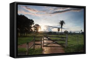 Sunset at the Gate of a Bonito Farm, with Rolling Hills in the Background-Alex Saberi-Framed Stretched Canvas