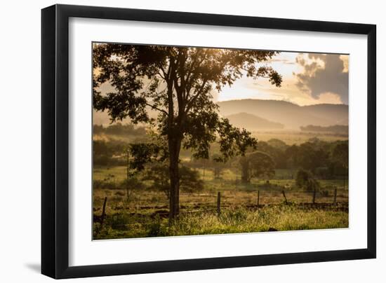 Sunset at the Gate of a Bonito Farm, with Rolling Hills in the Background-Alex Saberi-Framed Premium Photographic Print