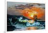 Sunset at the Sea. A Sailboat with Waves. Oil Painting-Gouache7-Framed Art Print