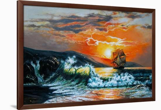 Sunset at the Sea. A Sailboat with Waves. Oil Painting-Gouache7-Framed Art Print