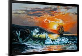 Sunset at the Sea. A Sailboat with Waves. Oil Painting-Gouache7-Framed Art Print