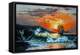 Sunset at the Sea. A Sailboat with Waves. Oil Painting-Gouache7-Framed Stretched Canvas