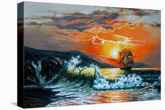 Sunset at the Sea. A Sailboat with Waves. Oil Painting-Gouache7-Stretched Canvas