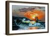 Sunset at the Sea. A Sailboat with Waves. Oil Painting-Gouache7-Framed Art Print