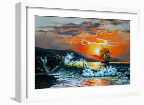 Sunset at the Sea. A Sailboat with Waves. Oil Painting-Gouache7-Framed Art Print