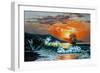 Sunset at the Sea. A Sailboat with Waves. Oil Painting-Gouache7-Framed Art Print