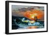 Sunset at the Sea. A Sailboat with Waves. Oil Painting-Gouache7-Framed Premium Giclee Print