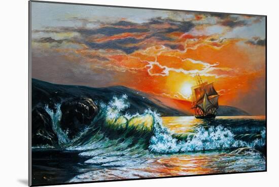 Sunset at the Sea. A Sailboat with Waves. Oil Painting-Gouache7-Mounted Premium Giclee Print