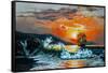 Sunset at the Sea. A Sailboat with Waves. Oil Painting-Gouache7-Framed Stretched Canvas