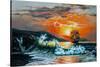 Sunset at the Sea. A Sailboat with Waves. Oil Painting-Gouache7-Stretched Canvas