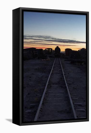 Sunset at the Train Graveyard in Uyuni, Bolivia-Alex Saberi-Framed Stretched Canvas