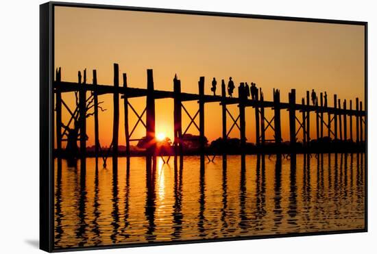 Sunset at U Bein Bridge. Pahtodawgyi Lake. Mandalay. Myanmar-Tom Norring-Framed Stretched Canvas