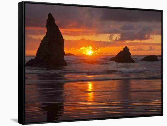 Sunset, Bandon Beach, Oregon, USA-Cathy & Gordon Illg-Framed Stretched Canvas