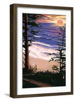 Sunset Beach and Surfers-Lantern Press-Framed Art Print