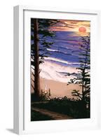 Sunset Beach and Surfers-Lantern Press-Framed Art Print