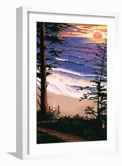 Sunset Beach and Surfers-Lantern Press-Framed Art Print