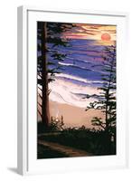 Sunset Beach and Surfers-Lantern Press-Framed Art Print