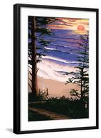 Sunset Beach and Surfers-Lantern Press-Framed Art Print