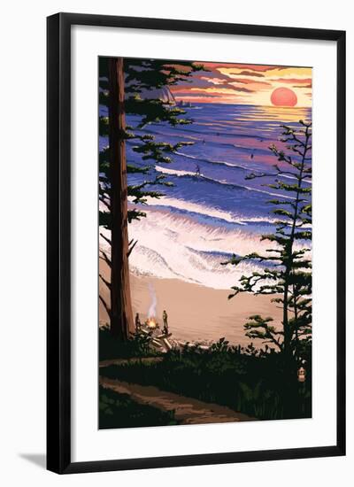 Sunset Beach and Surfers-Lantern Press-Framed Art Print