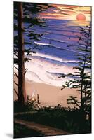 Sunset Beach and Surfers-Lantern Press-Mounted Art Print