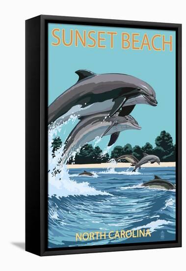 Sunset Beach - Calabash, North Carolina - Dolphins Jumping-Lantern Press-Framed Stretched Canvas