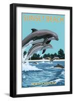 Sunset Beach - Calabash, North Carolina - Dolphins Jumping-Lantern Press-Framed Art Print