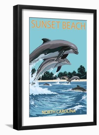 Sunset Beach - Calabash, North Carolina - Dolphins Jumping-Lantern Press-Framed Art Print