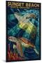 Sunset Beach - Calabash, North Carolina - Sea Turtle Paper Mosaic-Lantern Press-Mounted Art Print