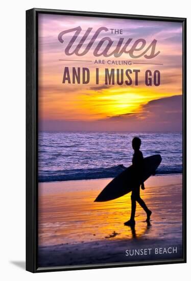 Sunset Beach, New Jersey - the Waves are Calling - Surfer and Sunset-Lantern Press-Framed Art Print