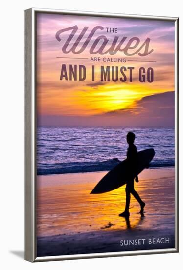 Sunset Beach, New Jersey - the Waves are Calling - Surfer and Sunset-Lantern Press-Framed Art Print