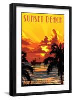 Sunset Beach, North Carolina - Sunset and Ship-Lantern Press-Framed Art Print