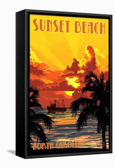 Sunset Beach, North Carolina - Sunset and Ship-Lantern Press-Framed Stretched Canvas