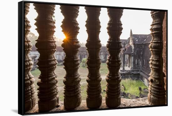 Sunset behind Columns at Angkor Wat, Cambodia-Paul Souders-Framed Stretched Canvas
