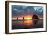 Sunset behind Haystack Rock at Cannon Beach on the Pacific Northwest coast, Oregon, United States o-Martin Child-Framed Photographic Print