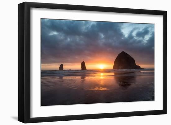 Sunset behind Haystack Rock at Cannon Beach on the Pacific Northwest coast, Oregon, United States o-Martin Child-Framed Photographic Print