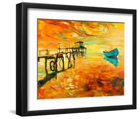 Sunset Boat and Jetty Painting-null-Framed Art Print