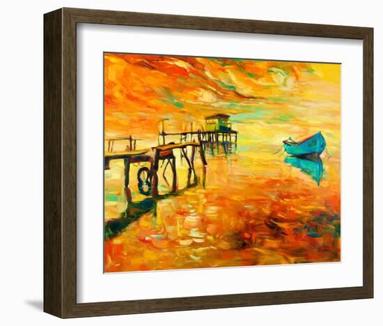 Sunset Boat and Jetty Painting-null-Framed Art Print