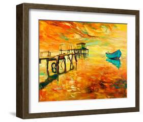 Sunset Boat and Jetty Painting-null-Framed Art Print