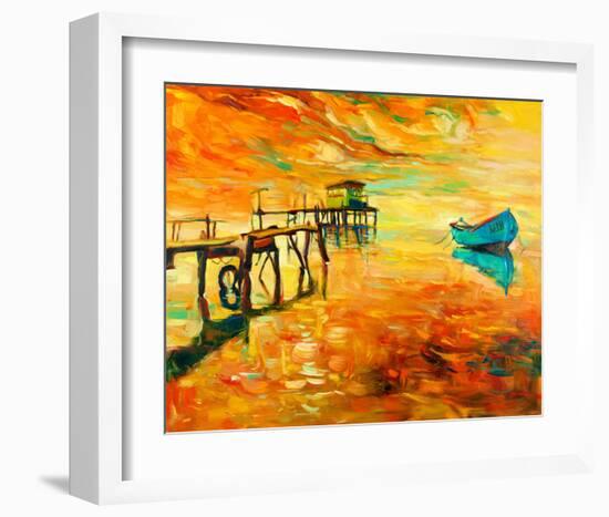 Sunset Boat and Jetty Painting-null-Framed Art Print